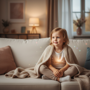 Een kind met een deken zittend op de bank, wat laat zien hoe ontspanning thuis kan helpen. Waarom Melatonine Niet Altijd Nodig Is bij Kinderen.